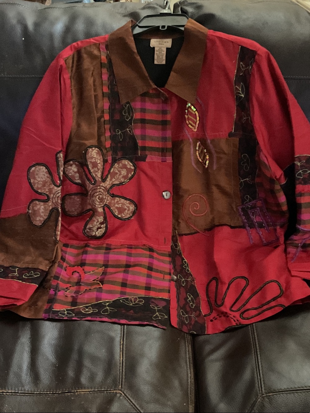 Chico's Red and Brown Patchwork Embroidered Blazer